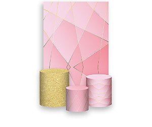 Painel De Festa Vertical 1,50 x 2,20 + Trio De Capas Cilindro - Geométrico Rosa Claro e Dourado 044