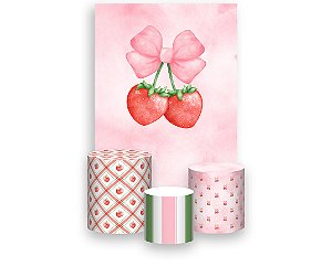 Painel De Festa Vertical 1,50 x 2,20 + Trio De Capas Cilindro - Morango e Laços 074