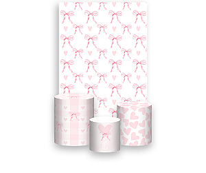 Painel De Festa Vertical 1,50 x 2,20 + Trio De Capas Cilindro - Laços e Corações Rosa 077