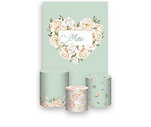 Painel De Festa Vertical 1,50 x 2,20 + Trio De Capas Cilindro - Dia das Mães Floral Verde Suave 107