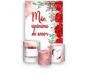 Painel De Festa Vertical 1,50 x 2,20 + Trio De Capas Cilindro - Dia das Mães Rosas Vermelhas 109