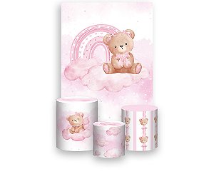Painel De Festa Vertical 1,50 x 2,20 + Trio De Capas Cilindro - Ursinha Arco-íris Rosa 113