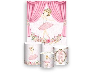 Painel De Festa Vertical 1,50 x 2,20 + Trio De Capas Cilindro - Bailarina Loira Cortina Rosa 039