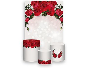 Painel De Festa Vertical 1,50 x 2,20 + Trio De Capas Cilindro - Casamento Rosas Vermelhas 046
