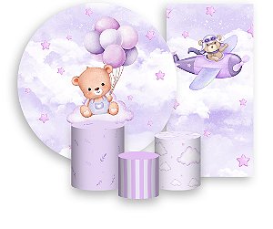 Painel De Festa + Trio De Capas Cilindro + Faixa Veste Fácil - Ursinho de Pelúcia Lilás 036
