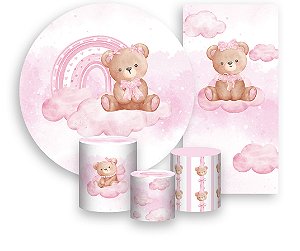 Painel De Festa + Trio De Capas Cilindro + Faixa Veste Fácil - Ursinho Arco-Íris Rosa 039