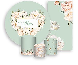Painel De Festa + Trio De Capas Cilindro + Faixa Veste Fácil - Dia das Mães Verde com Flores 024