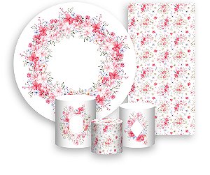 Painel De Festa + Trio De Capas Cilindro + Faixa Veste Fácil - Floral Rosa com Toque Lilás 051
