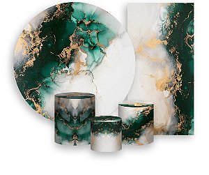 Painel De Festa + Trio De Capas Cilindro + Faixa Veste Fácil - Efeito Mármore Verde 049