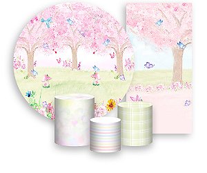 Painel De Festa + Trio De Capas Cilindro + Faixa Veste Fácil - Jardim  Borboletas e Passarinhos Rosa 032