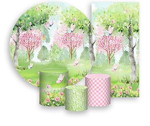 Painel De Festa + Trio De Capas Cilindro + Faixa Veste Fácil - Floresta com Borboletas 033
