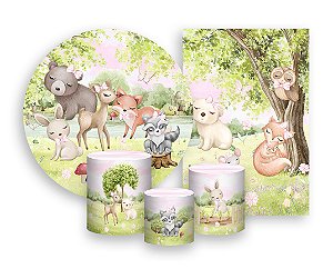 Kit 2 Painéis De Festa + Trio De Capas Cilindro - Bosque Cute Menina 026