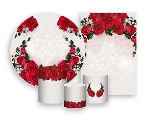 Kit 2 Painéis De Festa + Trio De Capas Cilindro - Rosas Vermelhas 019