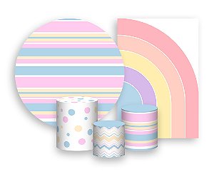 Kit 2 Painéis De Festa + Trio De Capas Cilindro - Listras Coloridas em Tons Pastéis 054