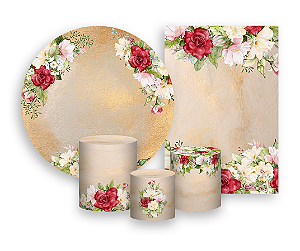 Kit 2 Painéis De Festa + Trio De Capas Cilindro - Floral Rosa, Vermelho e Bege 051