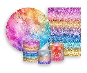 Kit 2 Painéis De Festa + Trio De Capas Cilindro - Efeito Glitter Arco-Íris 044