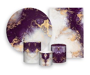 Kit 2 Painéis De Festa + Trio De Capas Cilindro - Efeito Mármore Roxo com Dourado 045