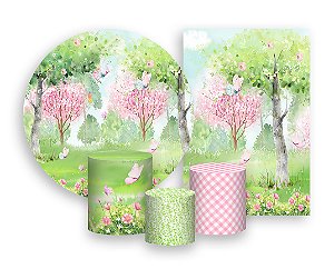 Kit 2 Painéis De Festa + Trio De Capas Cilindro - Floresta Aquarela com Borboletas 030