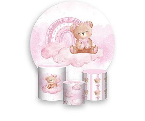 Painel De Festa Redondo 1,50 x 1,50 + Ursinho com Laço no Arco-Íris Rosa 085