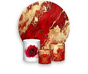 Painel De Festa Redondo 1,50 x 1,50 + Efeito Mármore Vermelho com Dourado