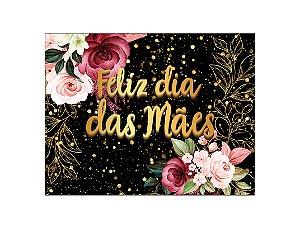 Painel de Festa Horizontal 1,55 X 1,20 - Fundo Preto Flores e Brilhos Dia das Mães 009