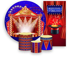 Painel De Festa + Trio De Capas Cilindro + Faixa Veste Fácil - Circo Palco Iluminado 028