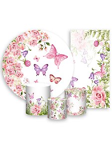 Painel De Festa + Trio De Capas Cilindro + Faixa Veste Fácil - Meia Lua de Flores e Borboletas 054