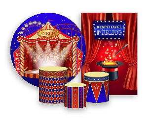 Kit 2 Painéis De Festa + Trio De Capas Cilindro - Circo Palco Iluminado 028