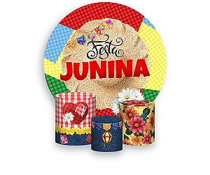 Painel De Festa Redondo 1,50 x 1,50 + Trio De Capas Cilindro - Festa Junina Flor de Mandacaru 039
