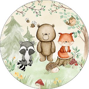 Painel De Festa Redondo 1,50x1,50 - Bosque Aquarela Bege e Verde Animais 028