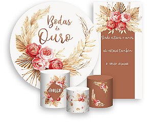 Painel De Festa + Trio De Capas Cilindro + Faixa Veste Fácil - Floral Boho Mocha Bodas de Ouro 021