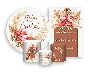 Kit 2 Painéis De Festa + Trio De Capas Cilindro - Floral Boho Mocha Bodas de Cristal 020