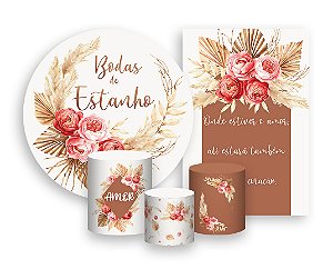 Kit 2 Painéis De Festa + Trio De Capas Cilindro - Floral Boho Mocha Bodas de Estanho 021