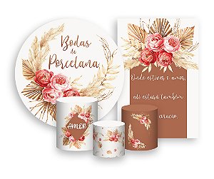 Kit 2 Painéis De Festa + Trio De Capas Cilindro - Floral Boho Mocha Bodas de Porcelana 024