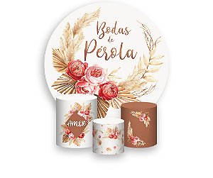 Painel De Festa Redondo 1,50 x 1,50 + Trio De Capas Cilindro - Floral Boho Mocha Bodas de Pérola 035
