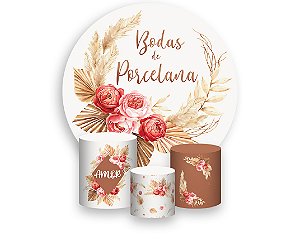 Painel De Festa Redondo 1,50 x 1,50 + Trio De Capas Cilindro - Floral Boho Mocha Bodas de Porcelana 036