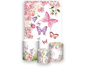 Painel De Festa Vertical 1,50 x 2,20 + Trio De Capas Cilindro - Meia Lua de Flores e Borboletas Rosa 135