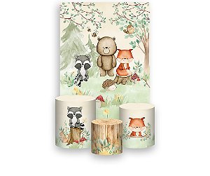 Painel De Festa Vertical 1,50 x 2,20 + Trio De Capas Cilindro - Bosque Aquarela Bege e Verde Animais 019