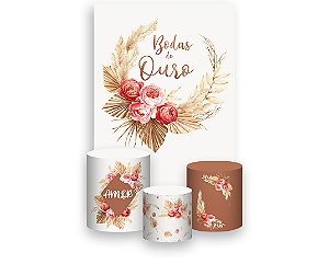 Painel De Festa Vertical 1,50 x 2,20 + Trio De Capas Cilindro - Floral Boho Mocha Bodas de Ouro 049