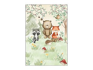 Painel De Festa Vertical 1,50 x 2,20 - Bosque Aquarela Bege e Verde Animais 021