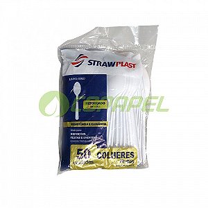 Colher de plástico branco p/ refeição pacote c/ 50 un Strawplast