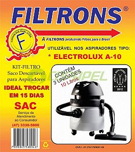 Filtro descartável de papel p/ aspirador Electrolux A-10 10L pacote c/ 03 pçs ref. A10