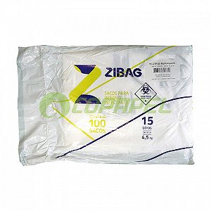 Saco p/ lixo Hospitalar 15L Branco Reforçado Rolo Fundo Reto 100pçs 58x39cm Zibag