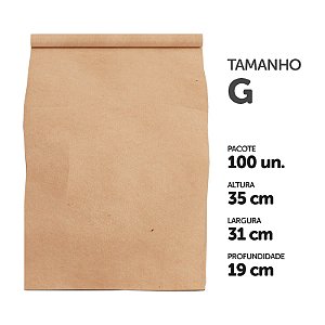 Saco Papel Kraft Liso p/ Delivery Tamanho G 35 x 31 x 19cm c/ 100 unid.