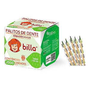 Palito de dente de madeira sabor Menta Embalado Um a Um 6,5cm cx c/2000 un Billa