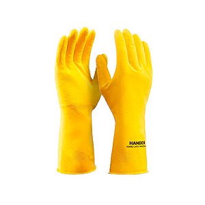 Luva de látex Multiuso Amarela p/ trabalhos leves c/ antiderrapante tam P 1par Handex Ref HX010T07E001