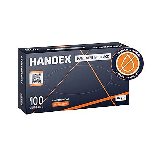 Luva de borracha nitrílica Sensinit Black p/ agentes químicos tam M cartucho c/100 Handex Ref HX045T08E100