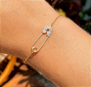 Pulseira Alfinete Zircônia Branca Banho de Ouro 18K - Regulável