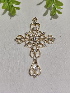 Cruz Trabalhada para terço com strass 80mm Ouro (un)