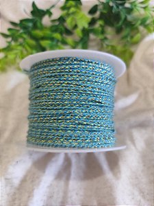 Cordão de Algodão Trançado 2mm Turquesa com dourado (metro)